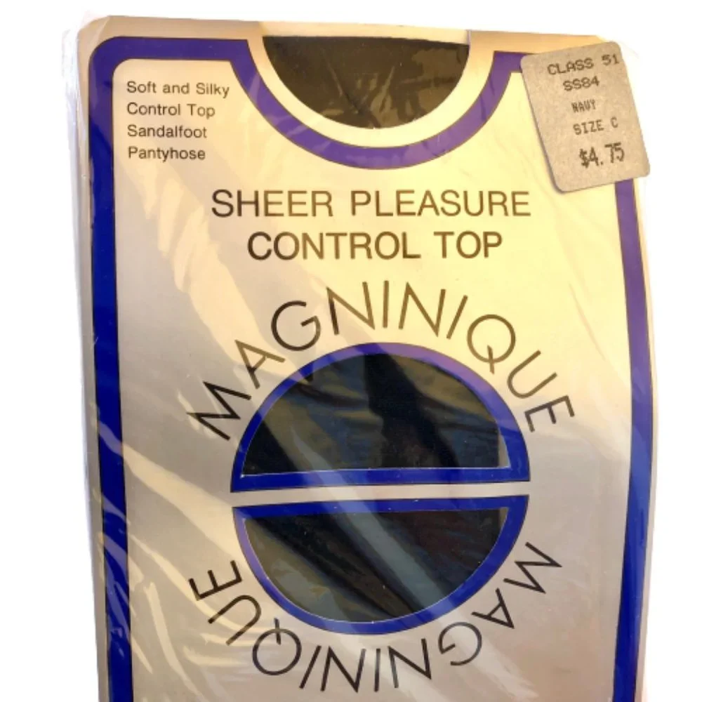 Vintage Magninique Sheer Pleasure Pantyhose Control Top NAVY + DOVE GRAY size C